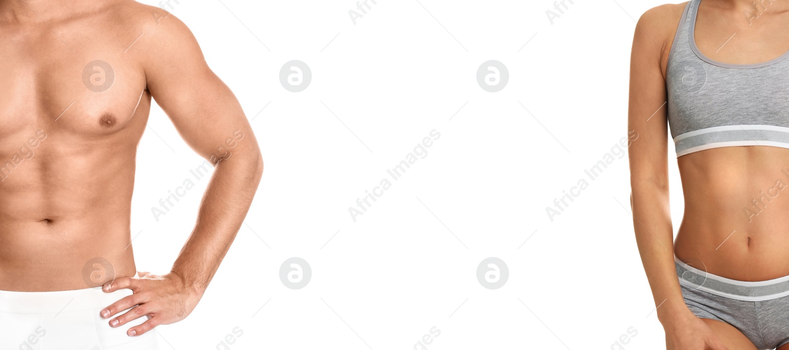 Image of Man and woman with slim bodies on white background, closeup. Banner design