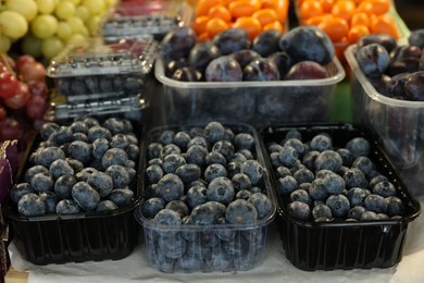 Photo of Fresh blueberries and plums on counter at market, closeup