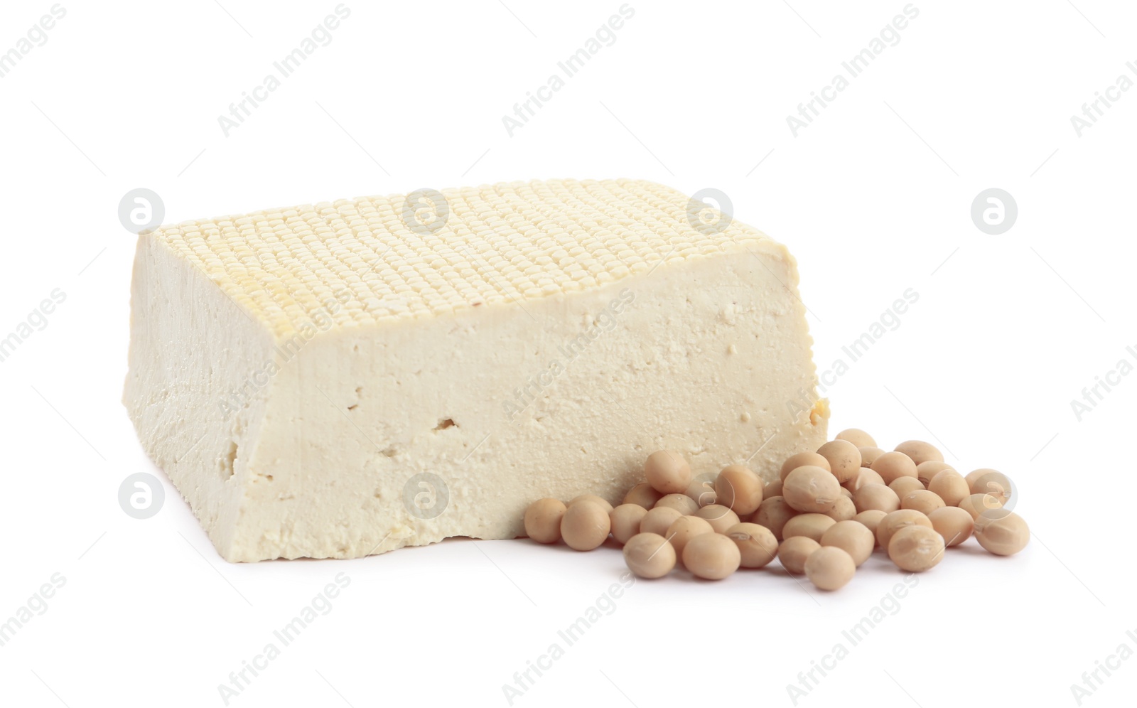 Photo of Piece of delicious tofu and soy on white background