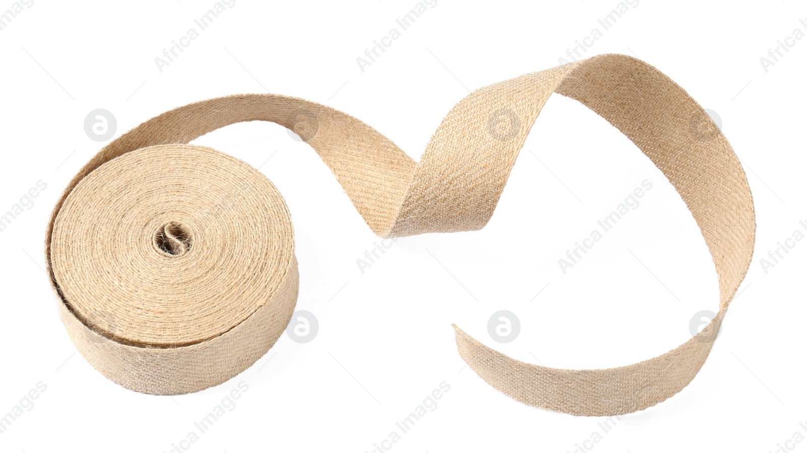 Photo of Roll of burlap ribbon isolated on white