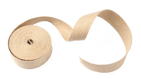 Photo of Roll of burlap ribbon isolated on white