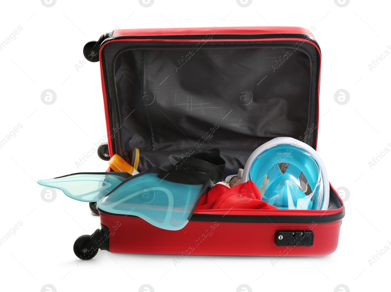 Photo of Open suitcase with beach accessories  on white background