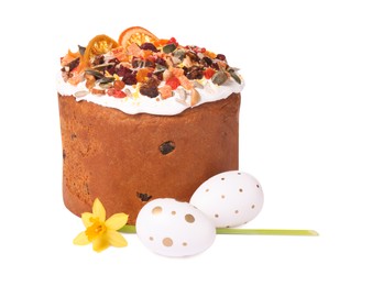 Photo of Traditional Easter cake with dried fruits and painted eggs isolated on white