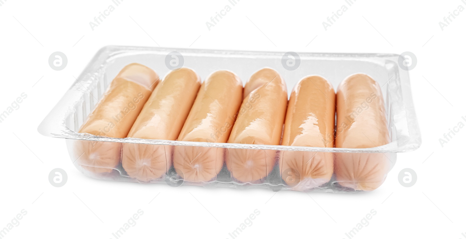 Photo of Plastic container with sausages isolated on white. Meat product
