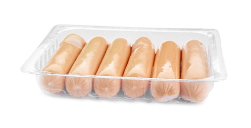 Photo of Plastic container with sausages isolated on white. Meat product