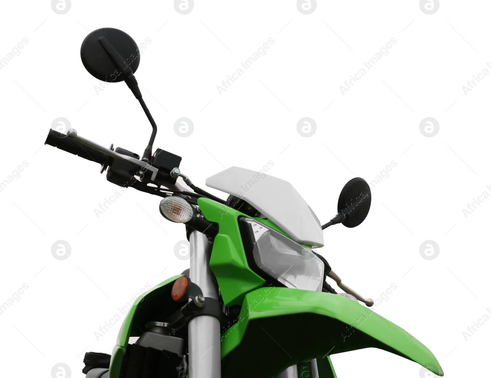 Image of Stylish green cross motorcycle on white background, closeup