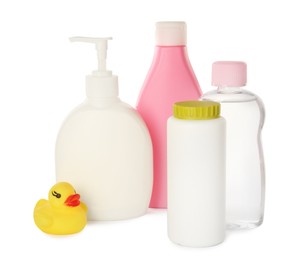 Photo of Set of baby cosmetic products and rubber duck on white background