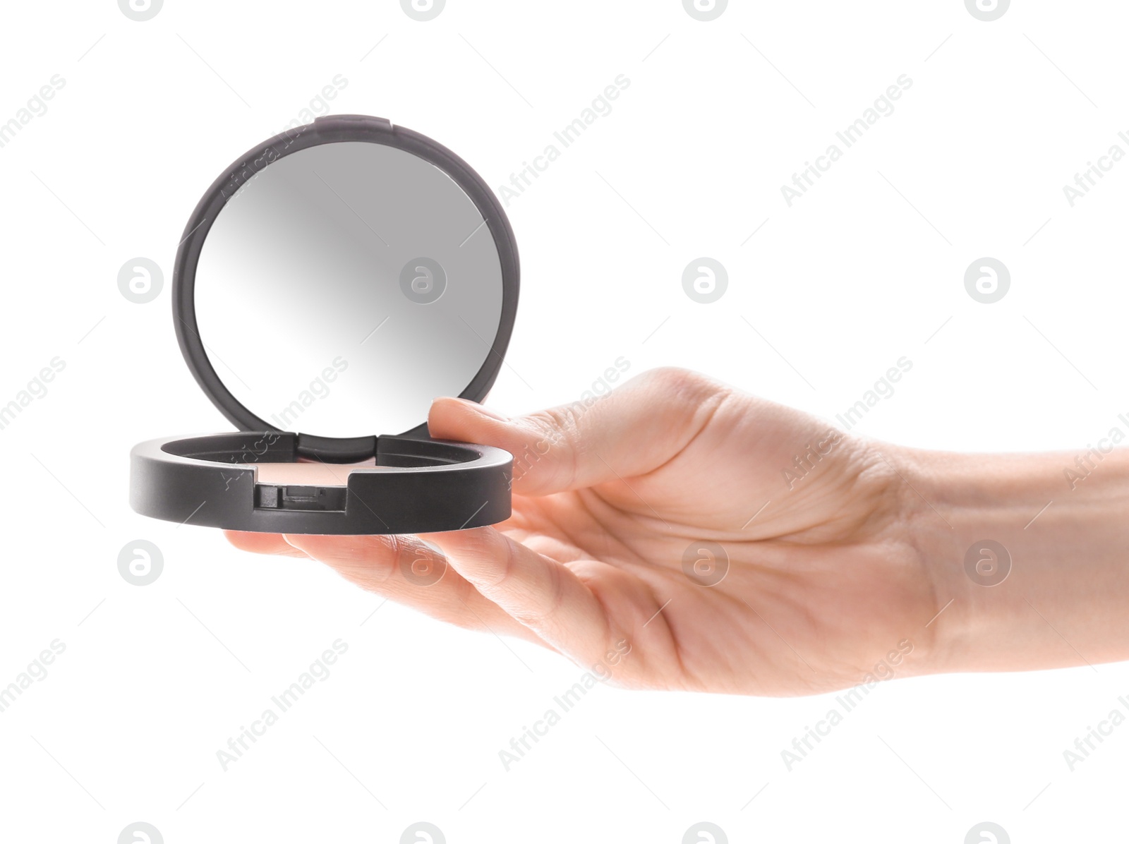 Photo of Woman holding pocket face powder with mirror isolated on white