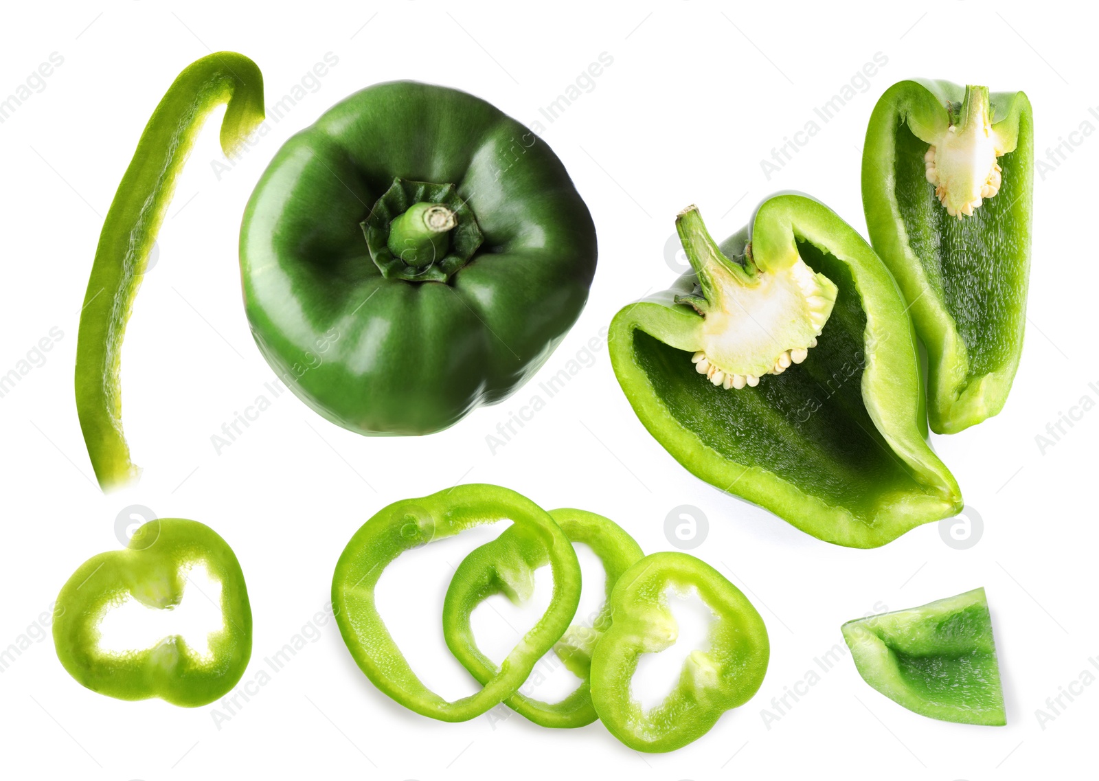 Image of Set of cut ripe green bell peppers on white background