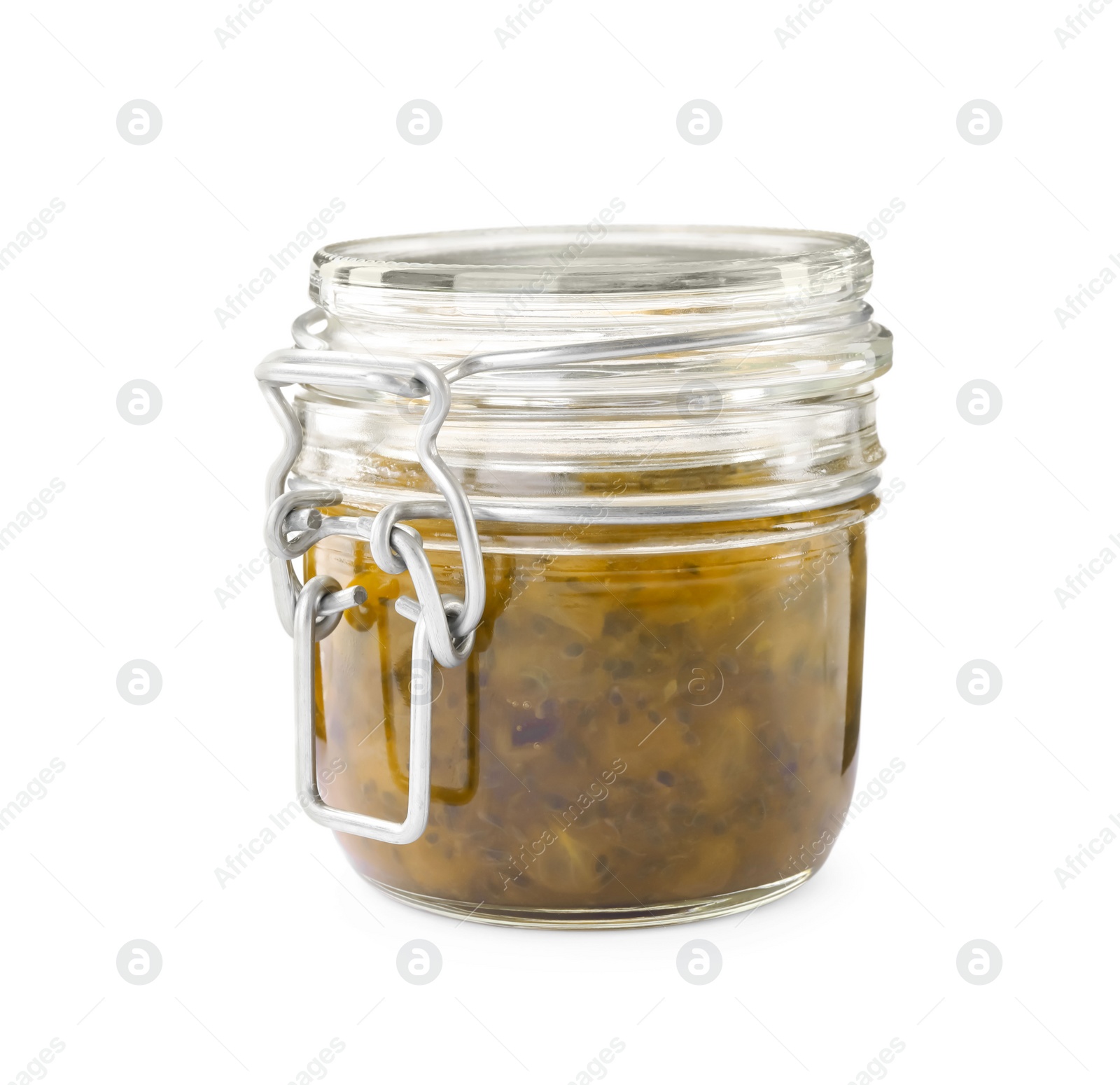 Photo of Jar of delicious gooseberry jam isolated on white