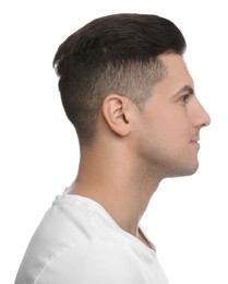 Photo of Profile portrait of man on white background