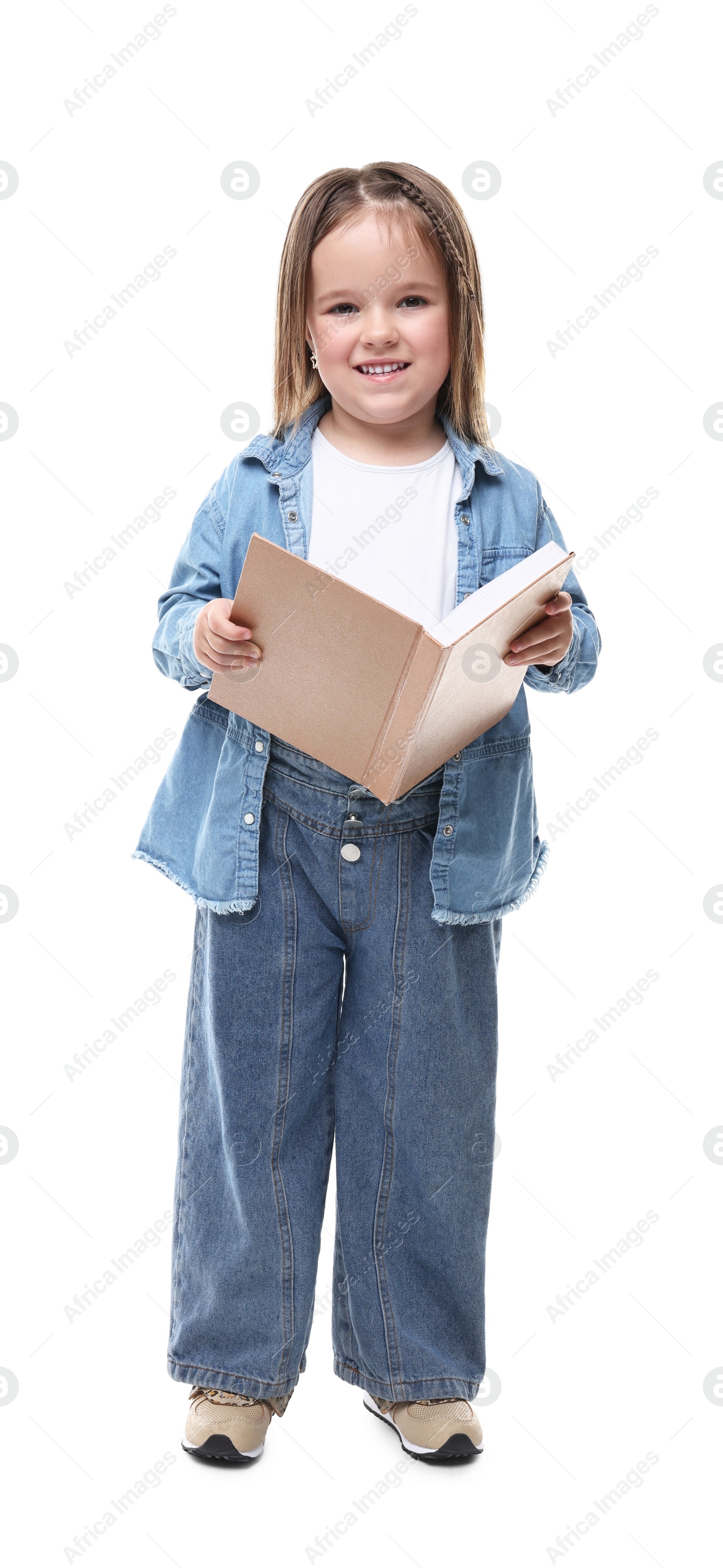 Photo of Cute little girl with open book on white background