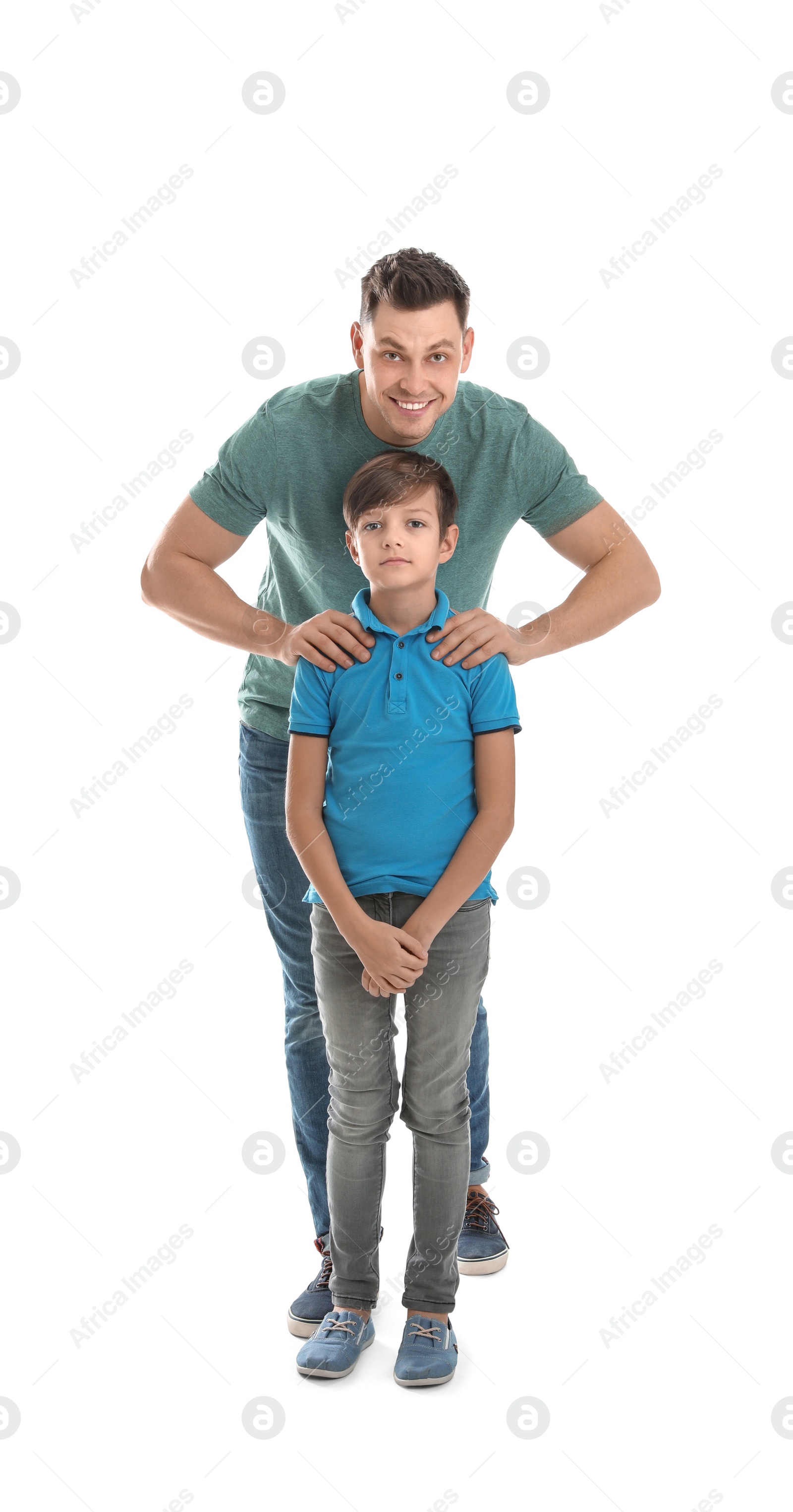 Photo of Portrait of dad and his son isolated on white