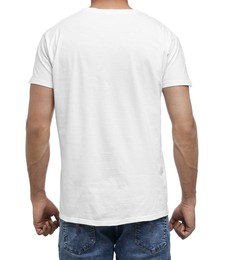 Photo of Man in t-shirt on white background, back view