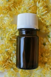 Bottle of essential oil and linden blossoms on white background, flat lay