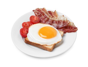 Photo of Plate with delicious fried egg, bacon and tomatoes isolated on white
