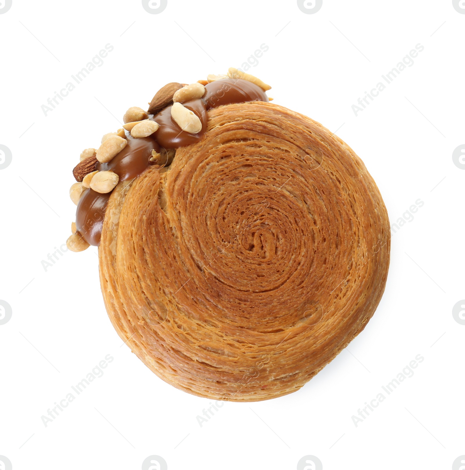 Photo of Round croissant with chocolate paste and nuts isolated on white, top view. Tasty puff pastry