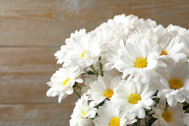 Photo of Beautiful white chrysanthemum flowers on brown background, closeup