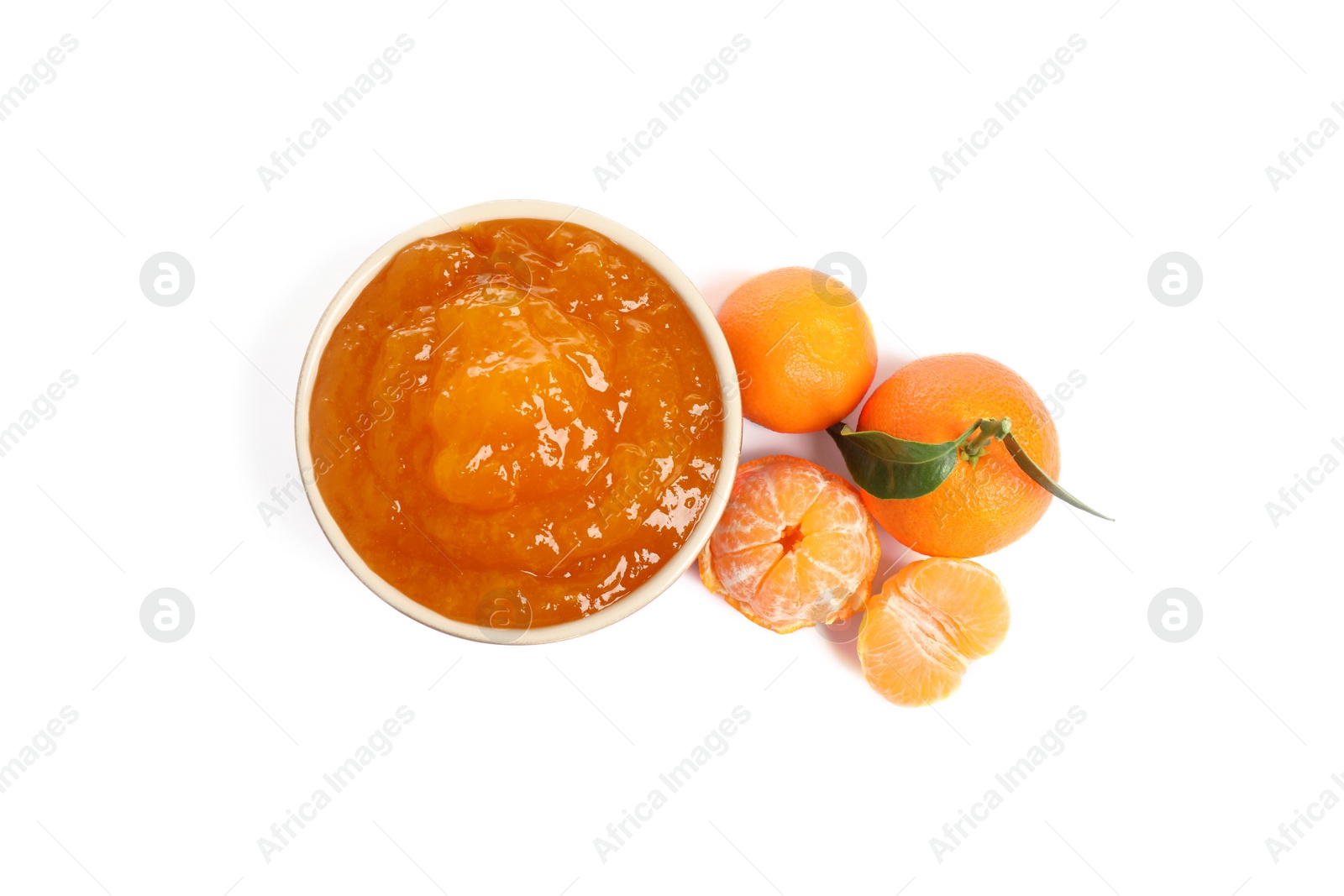 Photo of Bowl of tasty jam and fresh tangerines on white background, top view