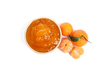 Photo of Bowl of tasty jam and fresh tangerines on white background, top view