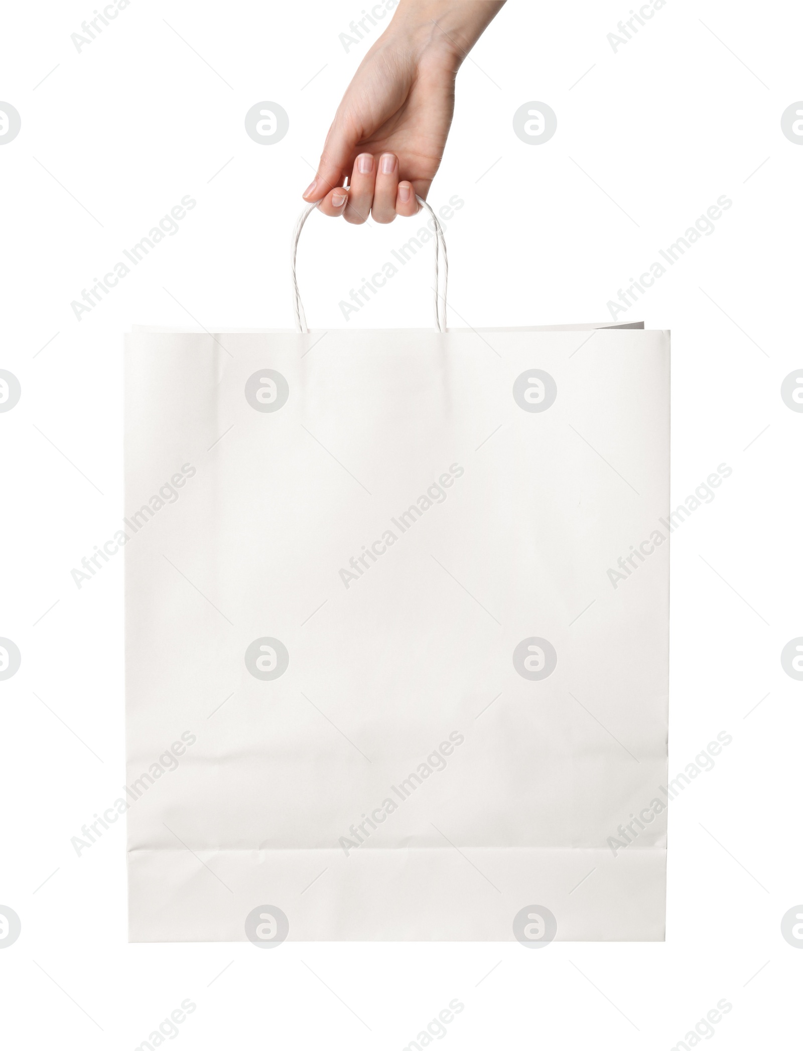 Photo of Woman holding paper bag on white background, closeup. Mockup for design