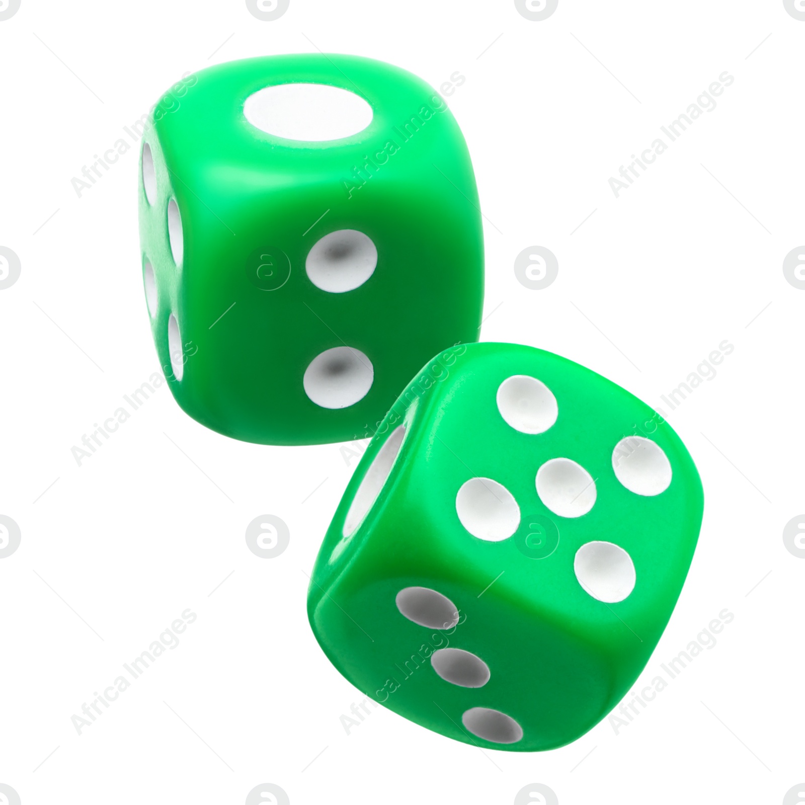 Image of Two green dice in air on white background