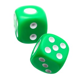 Image of Two green dice in air on white background