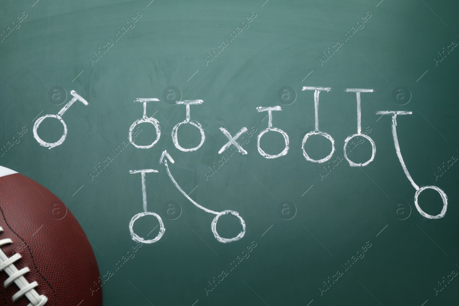 Photo of Rugby ball and drawn American football strategy game on green chalkboard, top view