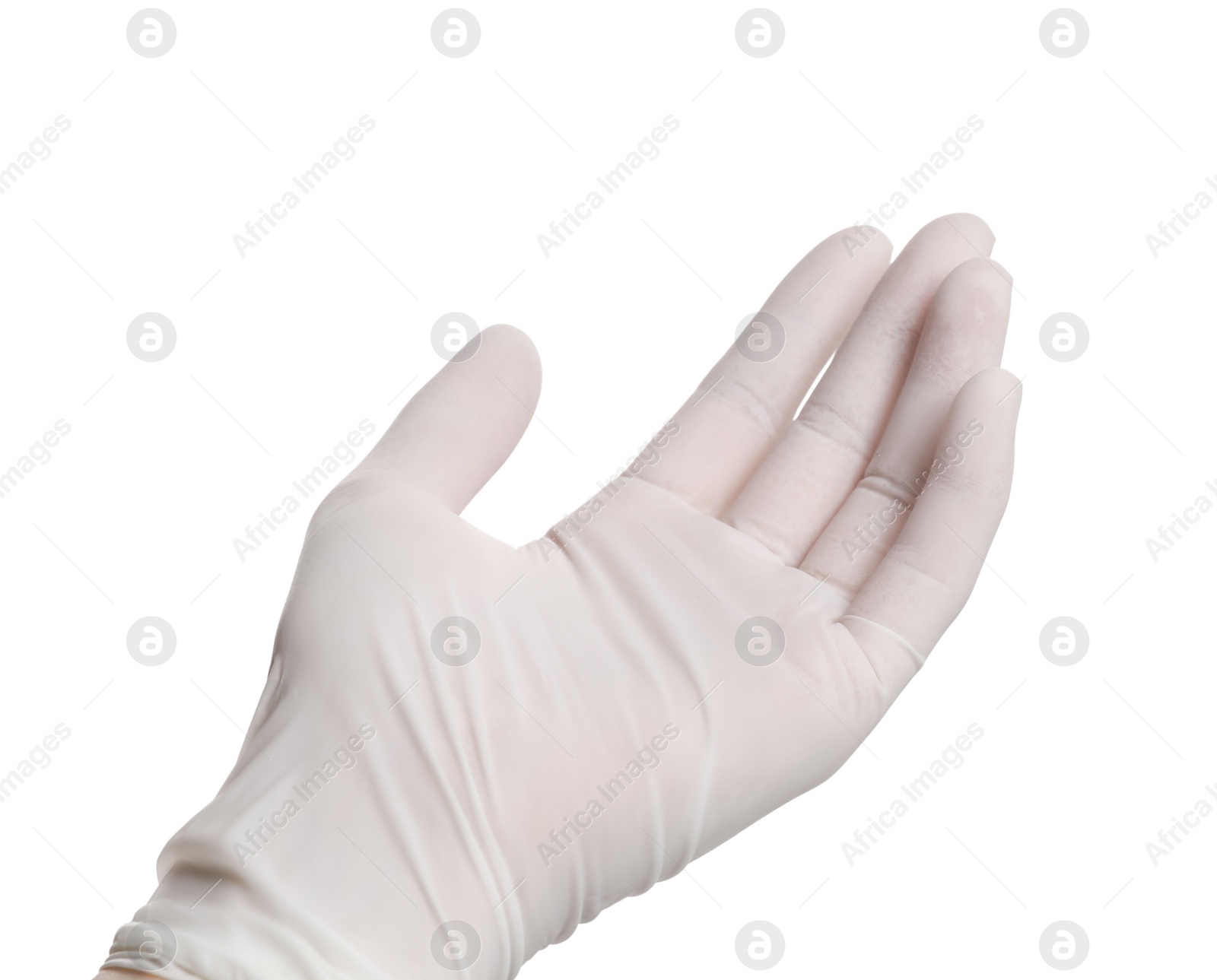 Photo of Woman wearing medical glove on white background, closeup