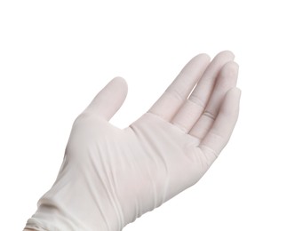 Woman wearing medical glove on white background, closeup