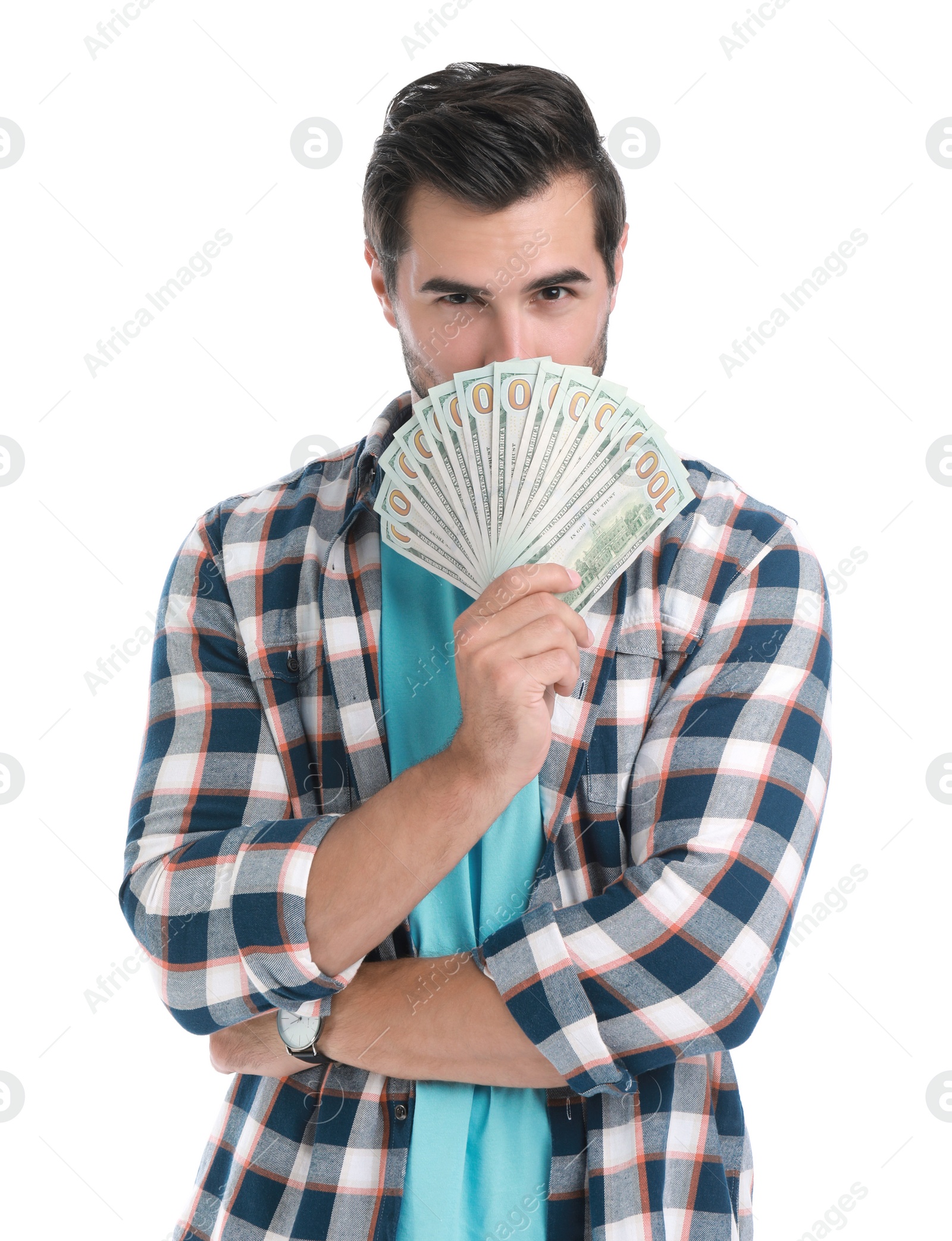 Photo of Handsome young man with dollars on white background