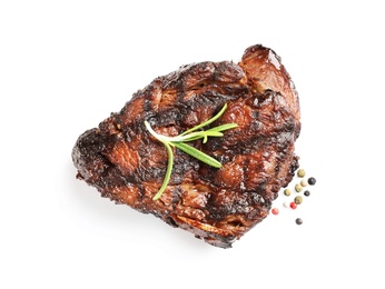 Photo of Delicious barbecued steak with rosemary on white background, top view