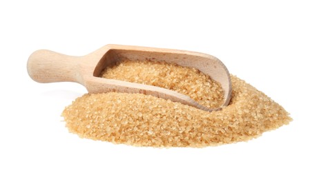 Photo of Pile of brown sugar and wooden scoop isolated on white