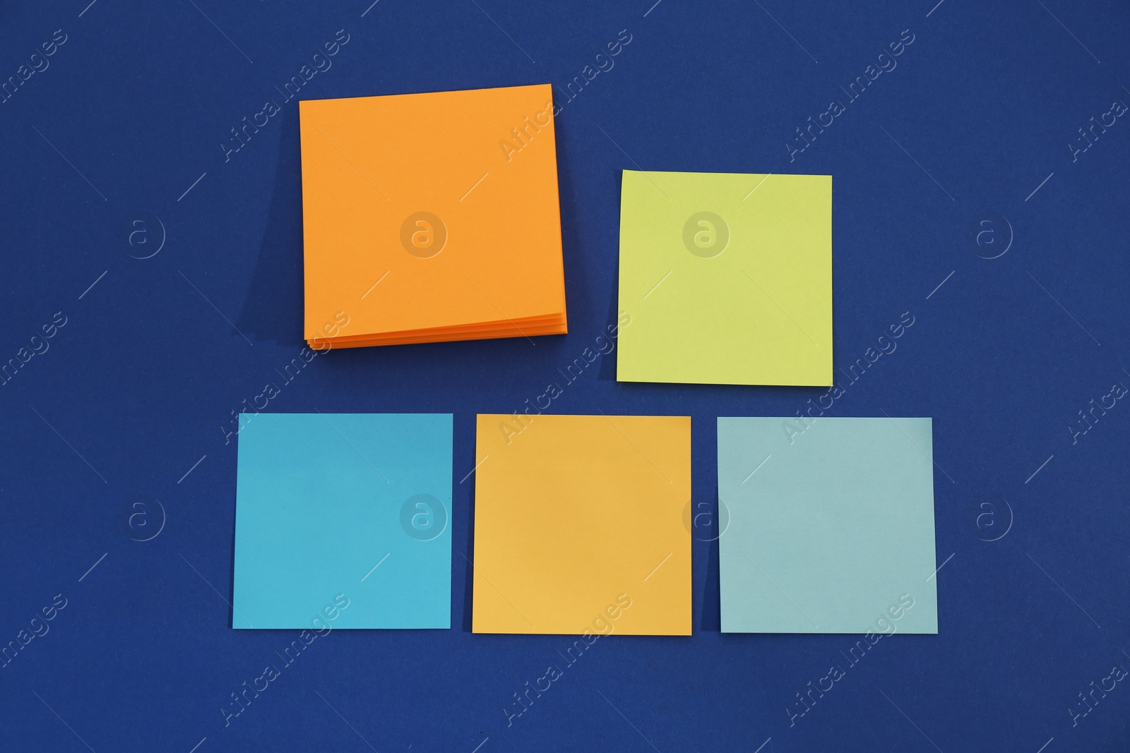Photo of Colorful sticky notes on blue background, flat lay