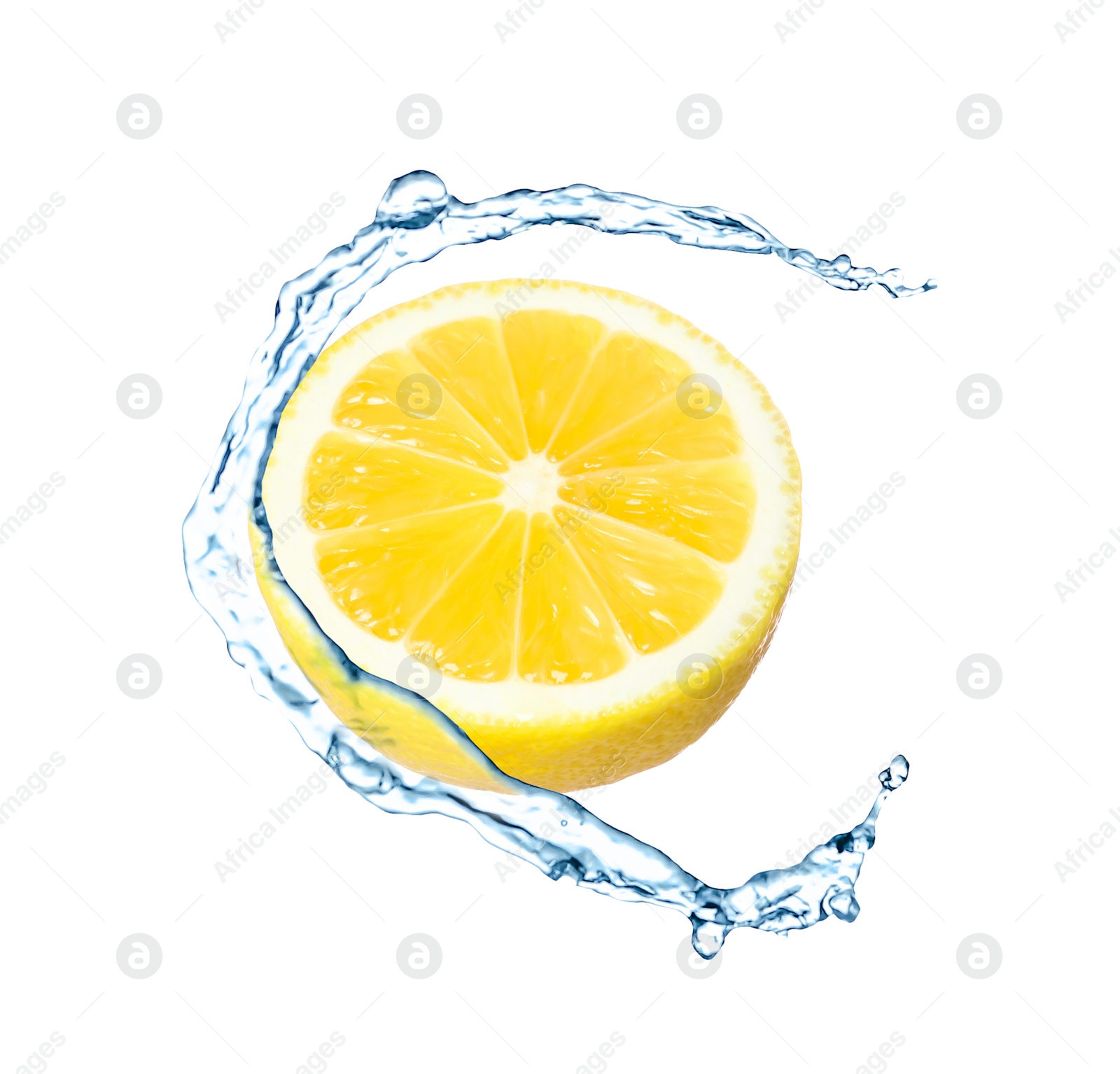 Image of Fresh ripe lemon and splashing water on white background