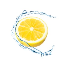 Fresh ripe lemon and splashing water on white background