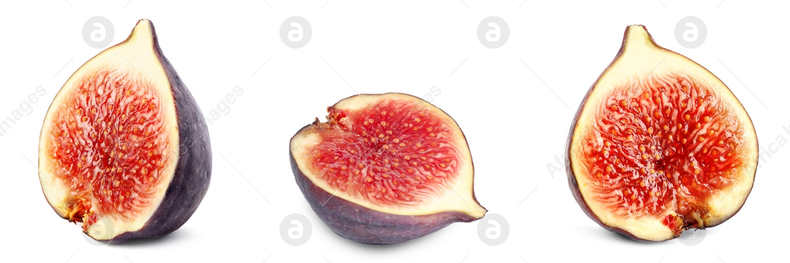 Image of Set of cut figs on white background. Banner design