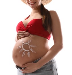 Photo of Young pregnant woman with sun protection cream on belly against white background, closeup