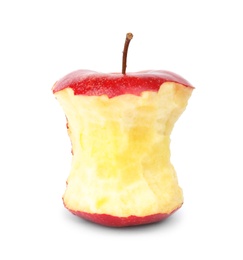 Photo of Half eaten red apple on white background