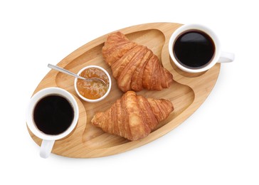 Photo of Tasty breakfast. Cups of coffee, jam and croissants isolated on white, top view