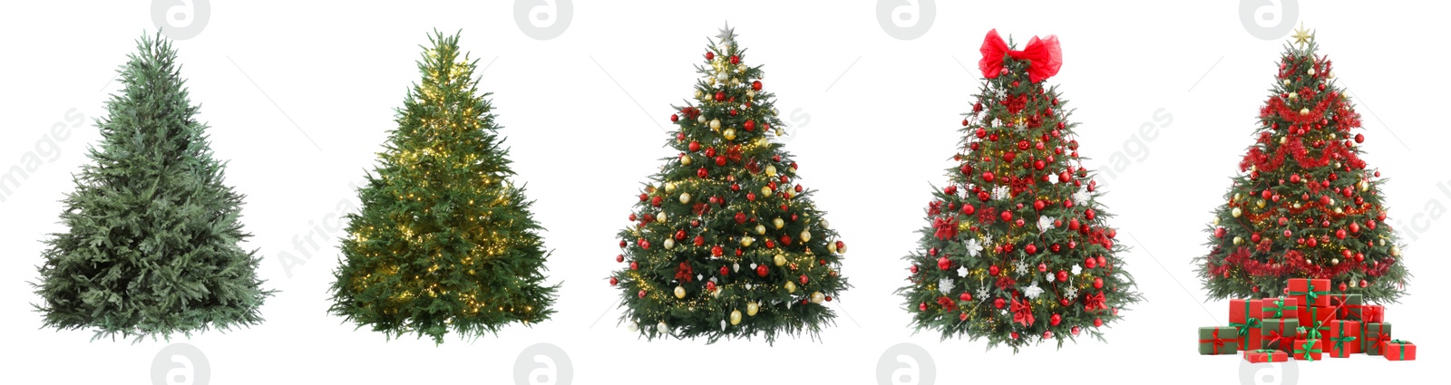 Image of Christmas tree isolated on white, step-by-step decorating