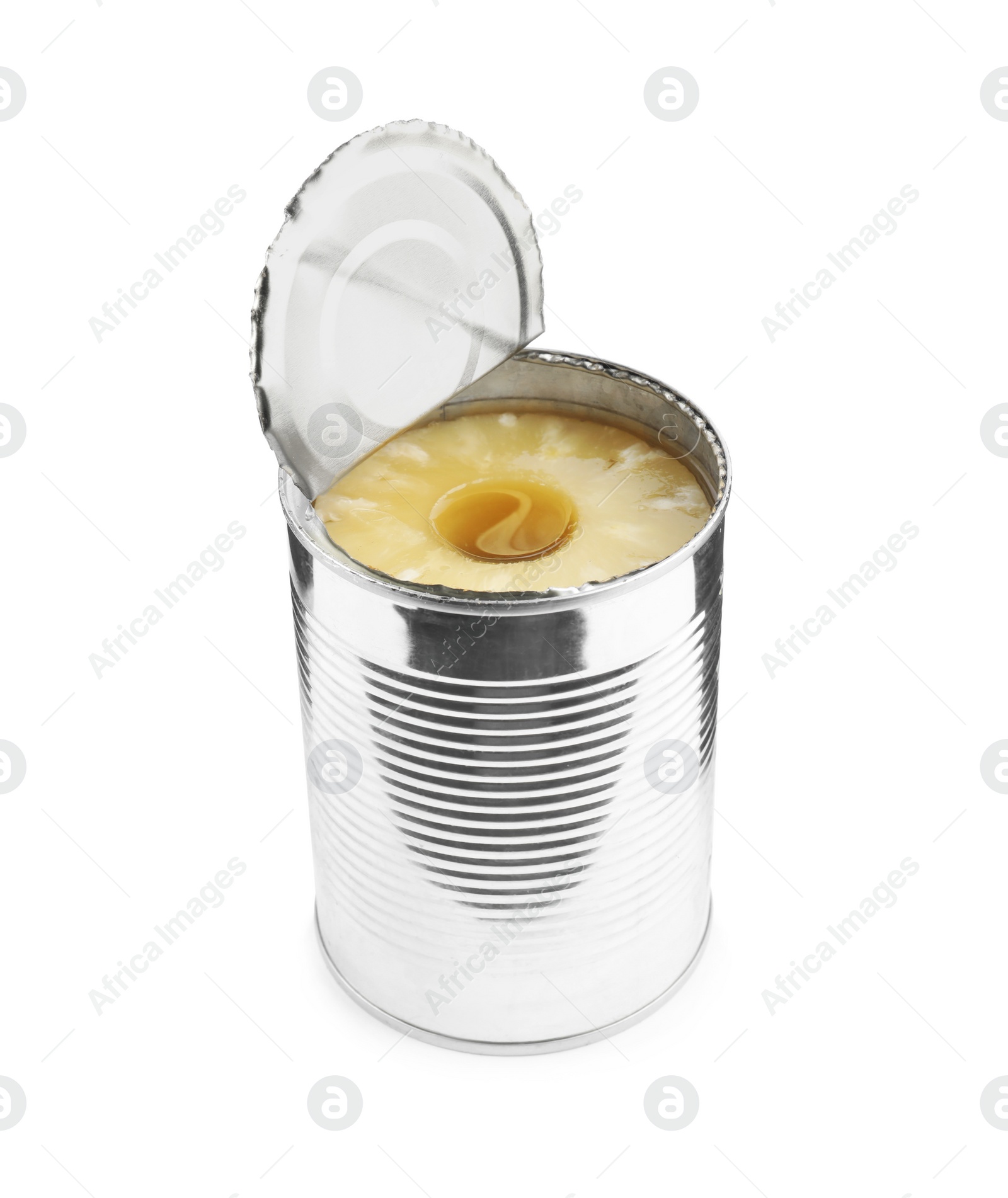 Photo of Open tin with canned pineapple isolated on white