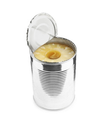 Photo of Open tin with canned pineapple isolated on white