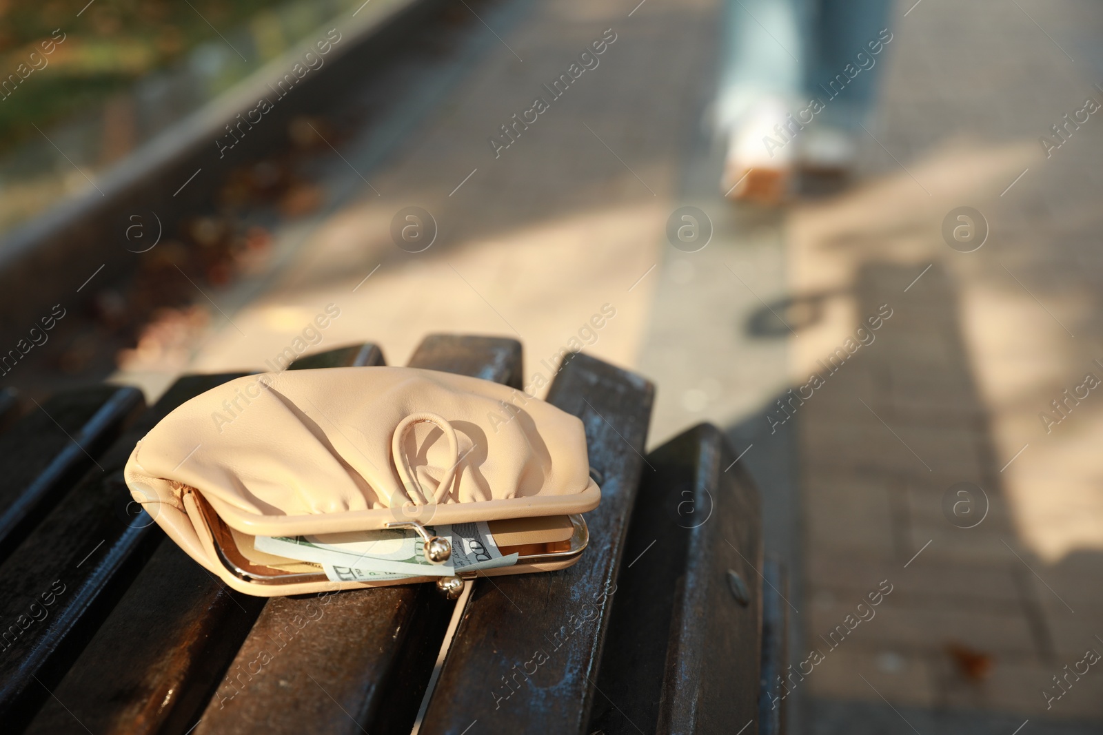 Photo of Woman lost her purse on wooden surface outdoors, selective focus