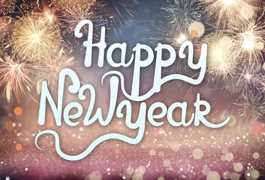 Illustration of Text Happy New Year on festive background with fireworks, bokeh effect