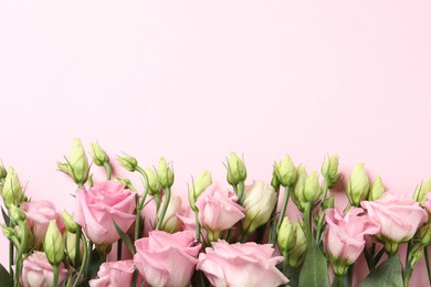 Happy Mother's Day. Beautiful flowers on pink background, flat lay. Space for text