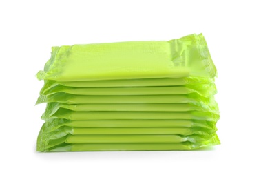 Photo of Stack of menstrual pads on white background. Gynecological care