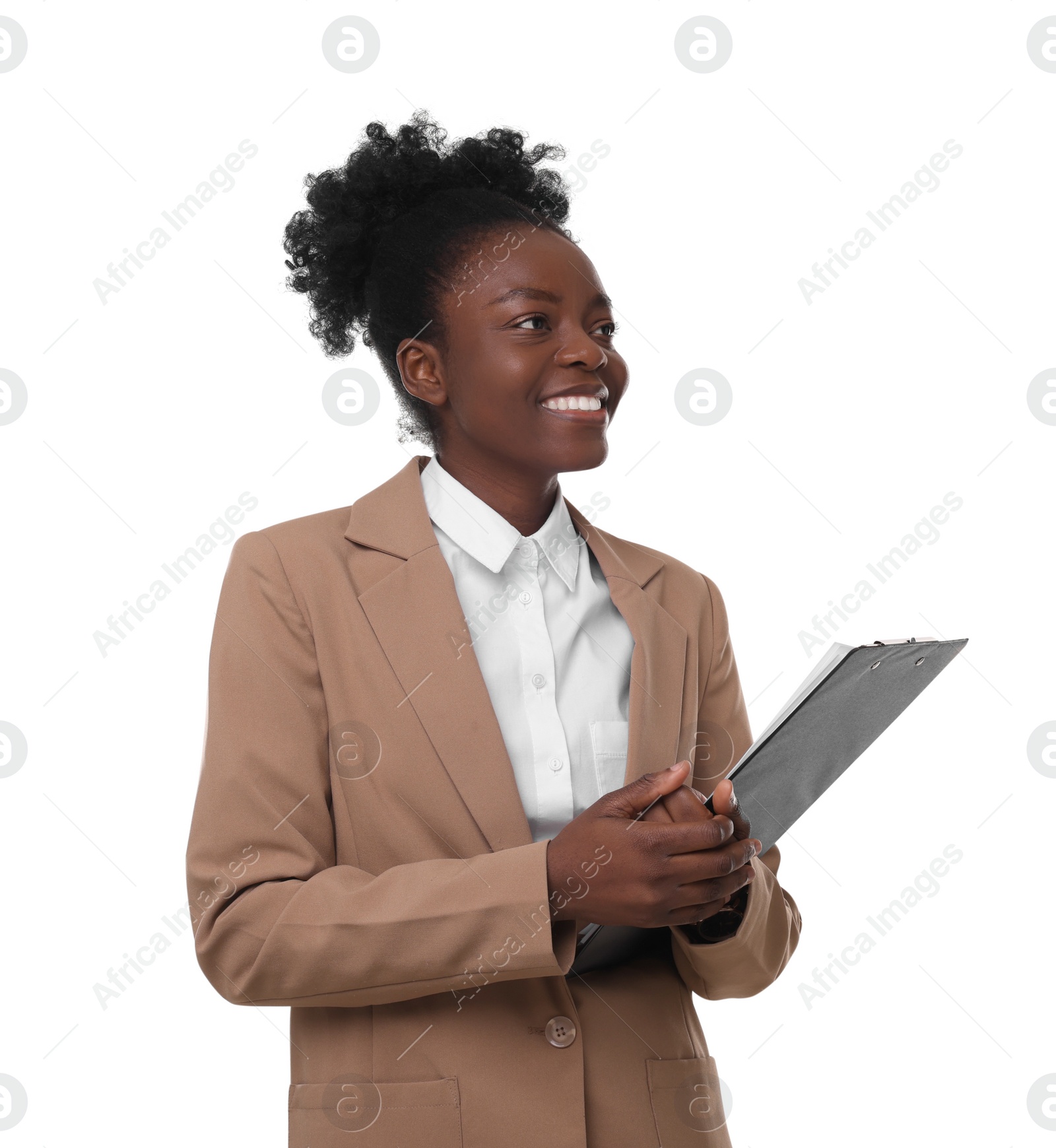 Photo of Portrait of happy woman with clipboard on white background. Lawyer, businesswoman, accountant or manager