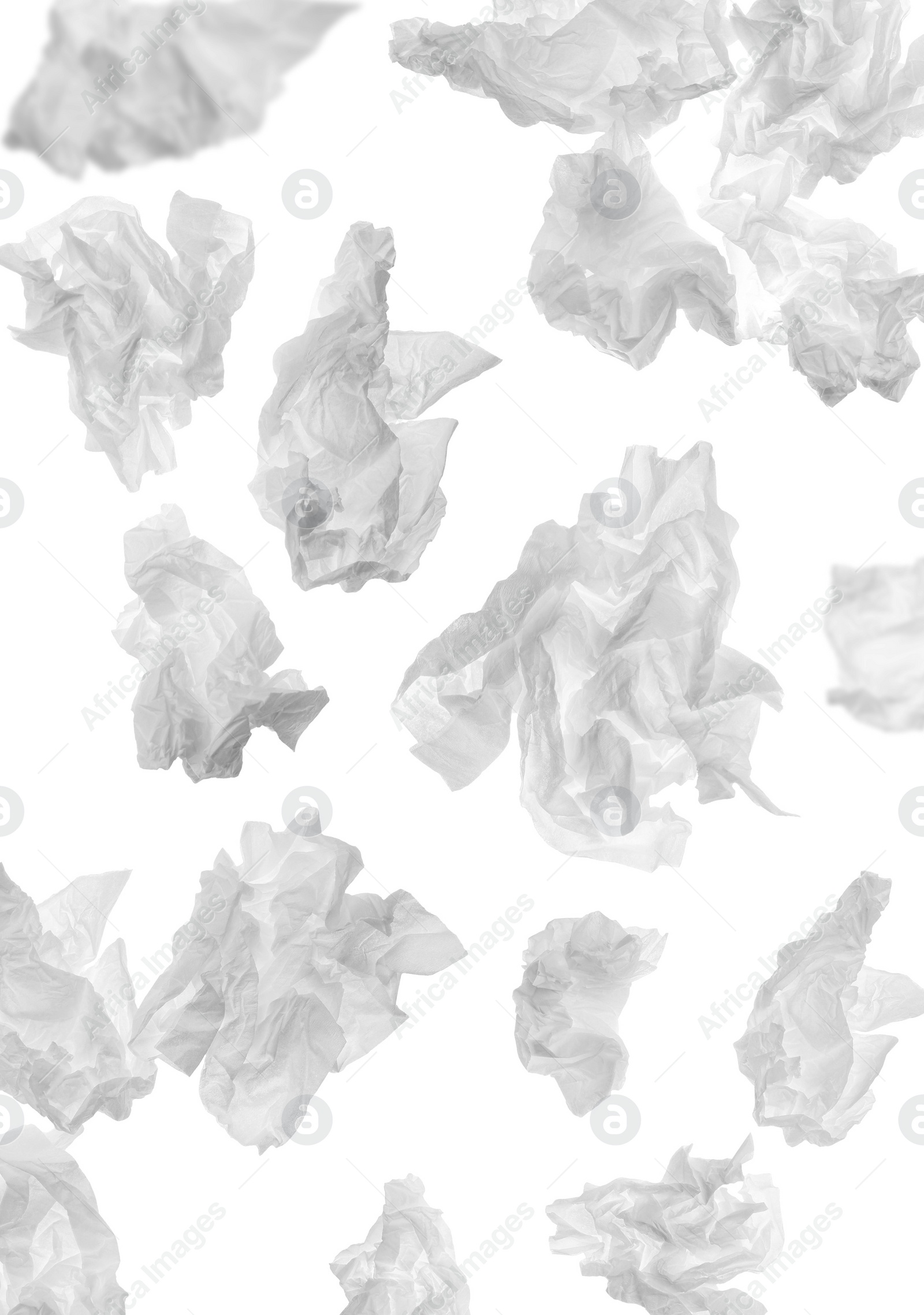 Image of Set with used crumpled paper tissues on white background