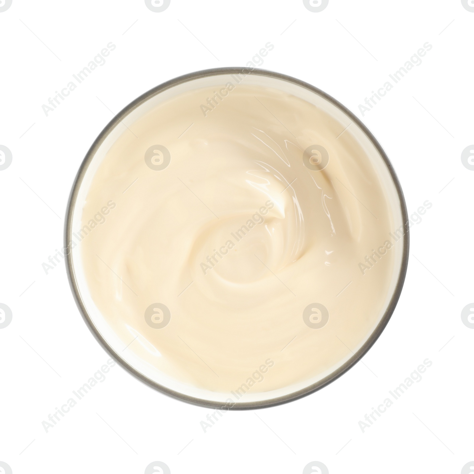 Photo of Mayonnaise in ceramic bowl isolated on white, top view